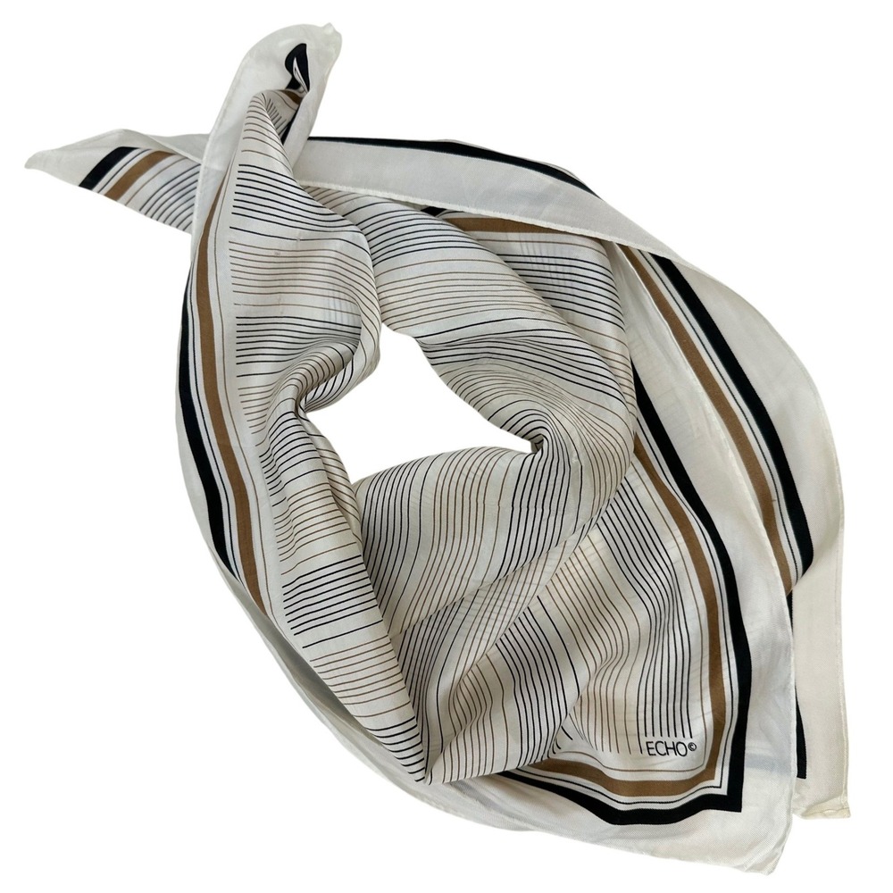 1970s-80s ECHO Silk Striped Square Scarf Neutral Ivory 22 x 22